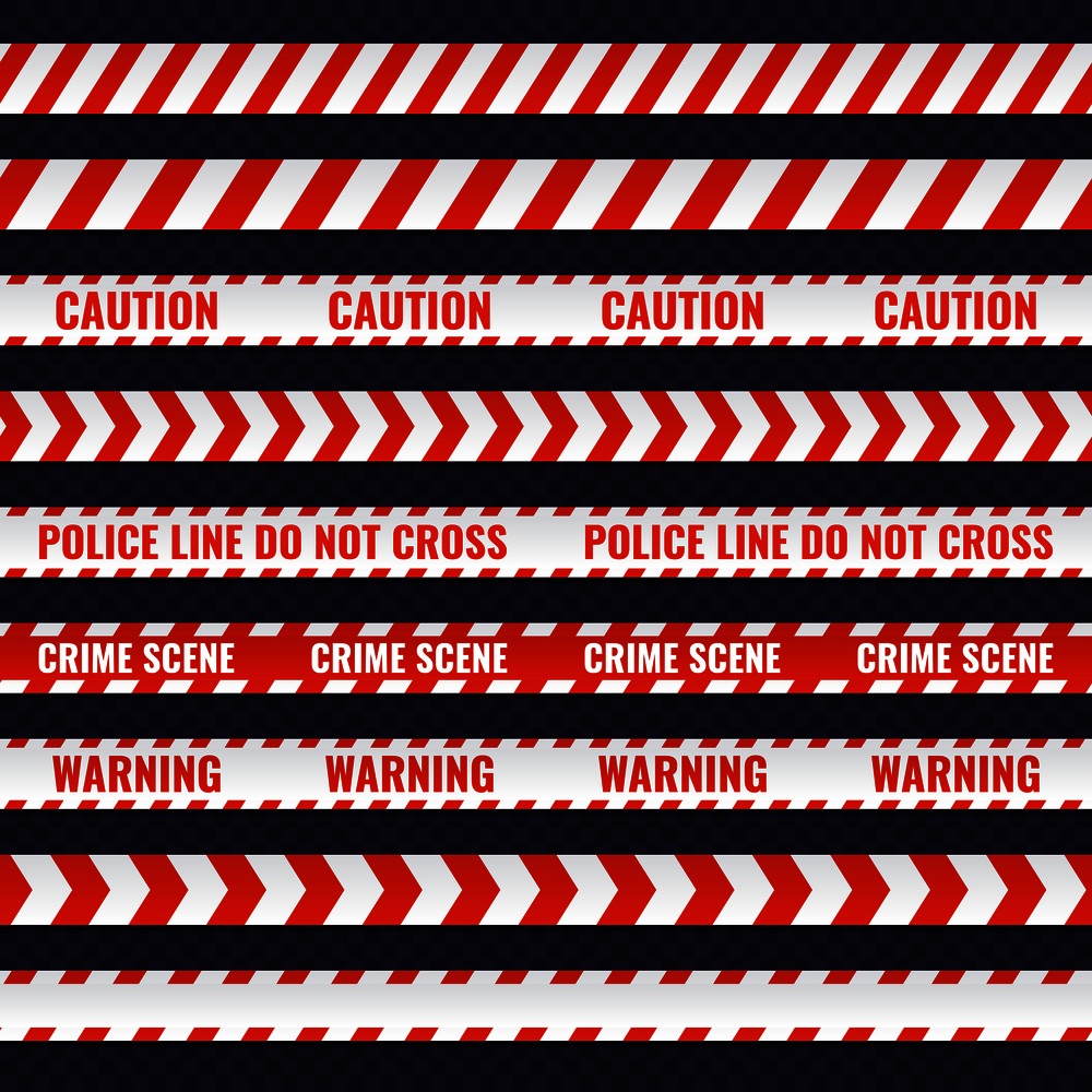 Set of red and white seamless police lines. Crime scene ribbon and security line barrier, vector illustration. Set of red and white seamless police lines