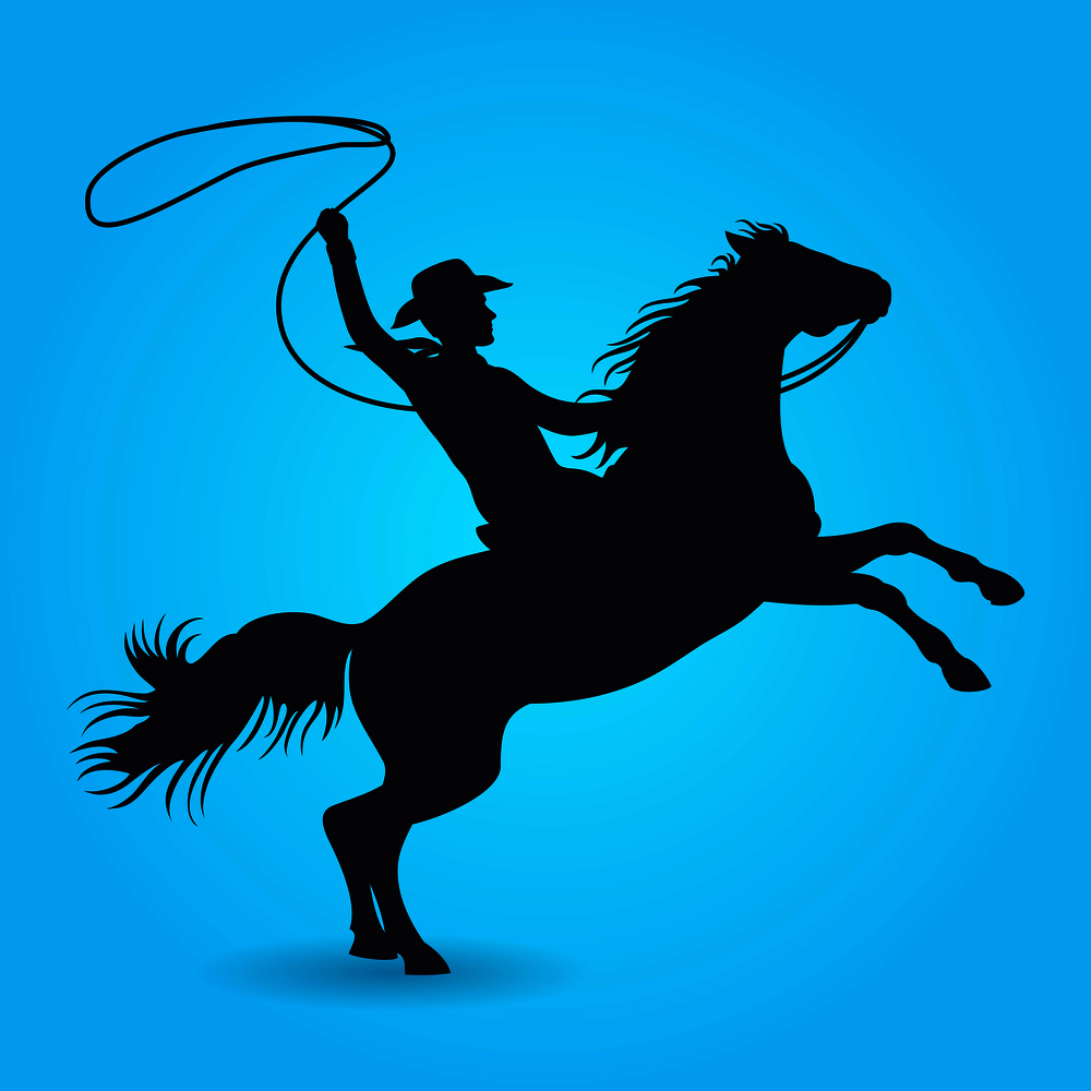 Silhouette of cowboy with lasso riding on horse. Silhouette of male rider cowboy with lasso. Vector illustration. Silhouette of cowboy with lasso riding on horse