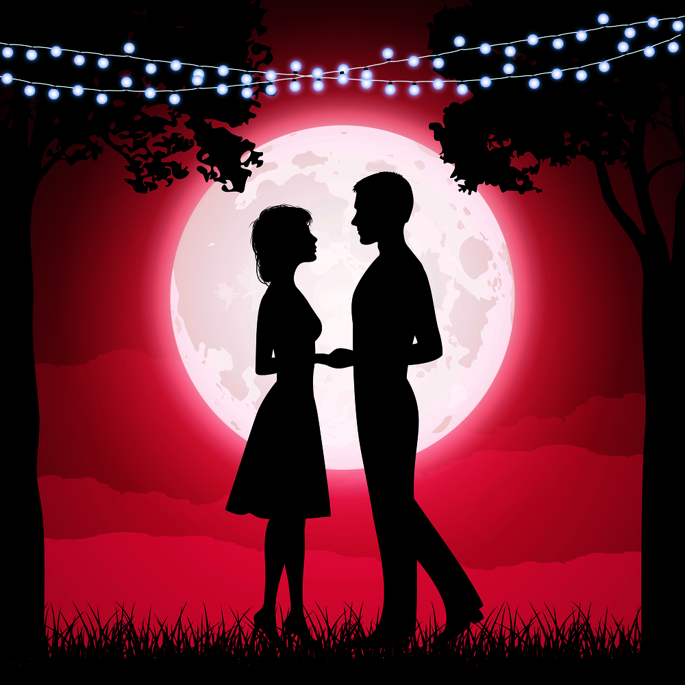 Silhouettes of young woman and man on the moon background. Girlfriend and boyfriend dating, couple love, silhouette. Vector illustration. Silhouettes of young woman and man on the moon background