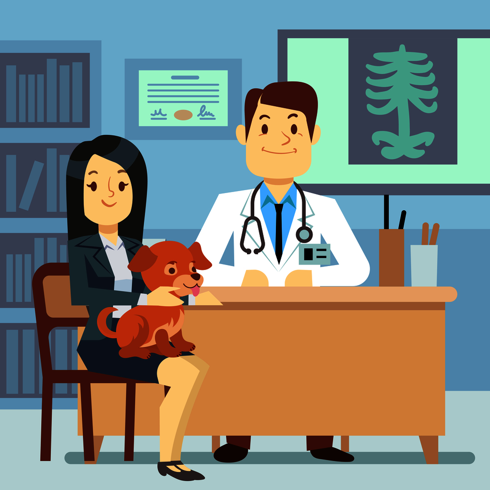 Veterinary office - woman with dog and veterinarian. Doctor clinic with dog pet, vector illustration. Veterinary office - woman with dog and veterinarian