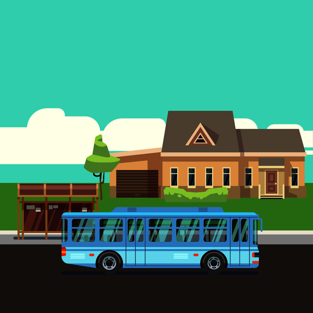 Residential house with bus stop and blue bus. Flat vector illustraion. Home and bus on road, infrastructure transportation. Residential house with bus stop and blue bus. Flat vector illustraion