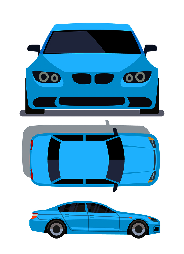 Vector flat-style cars in different views. Blue sedan car front , top and side view illustration. Vector flat-style cars in different views. Blue sedan