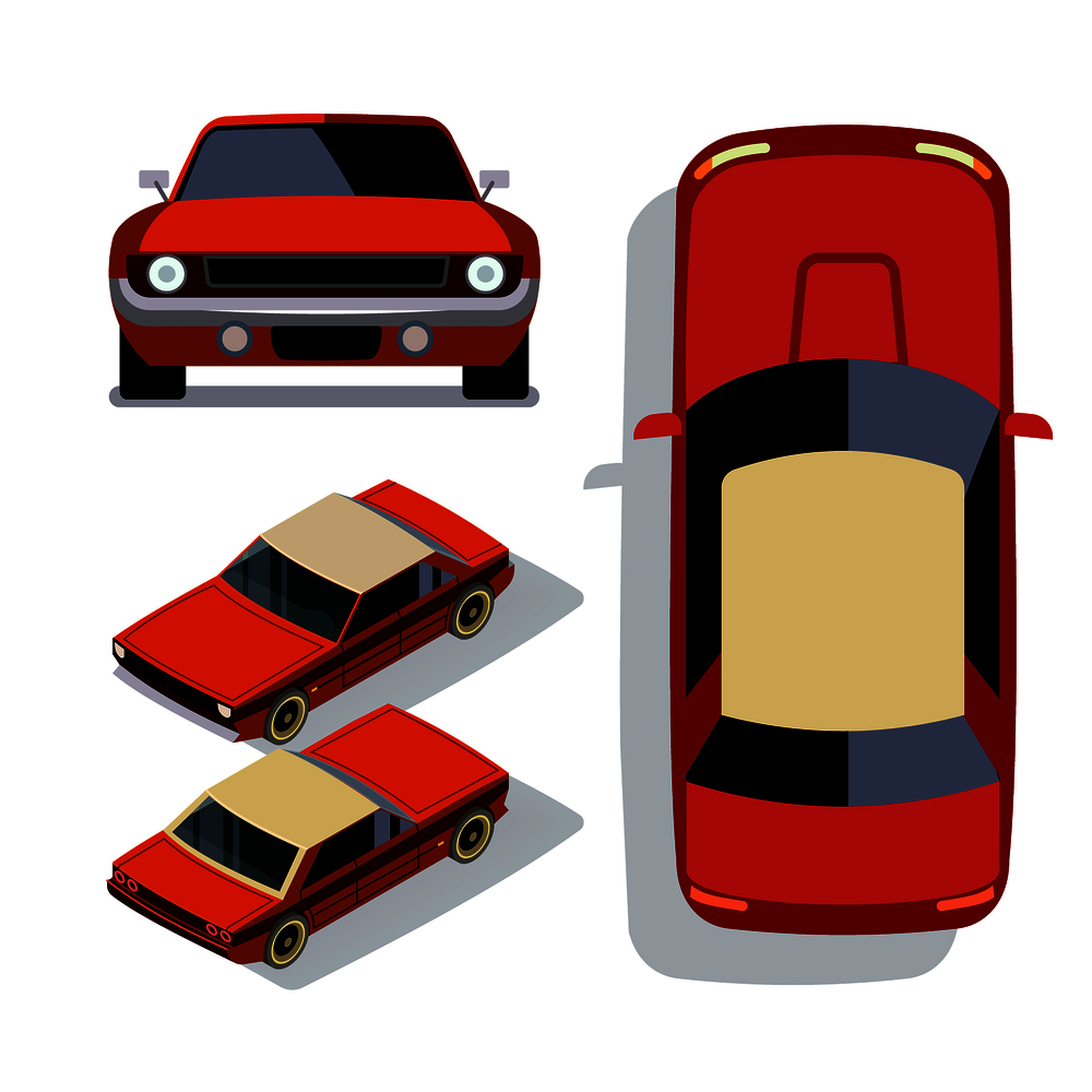 Vector flat-style cars in different views. Red muscle car sedan isometric 3d view illustration. Vector flat-style cars in different views. Red muscle car