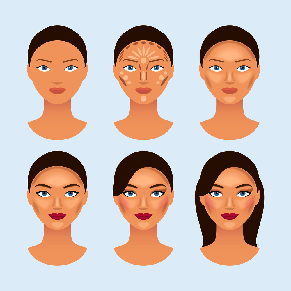 Stages of the makeup on the womans face. Beauty makeup girl portrait, vector illustration. Stages of the makeup on the womans face