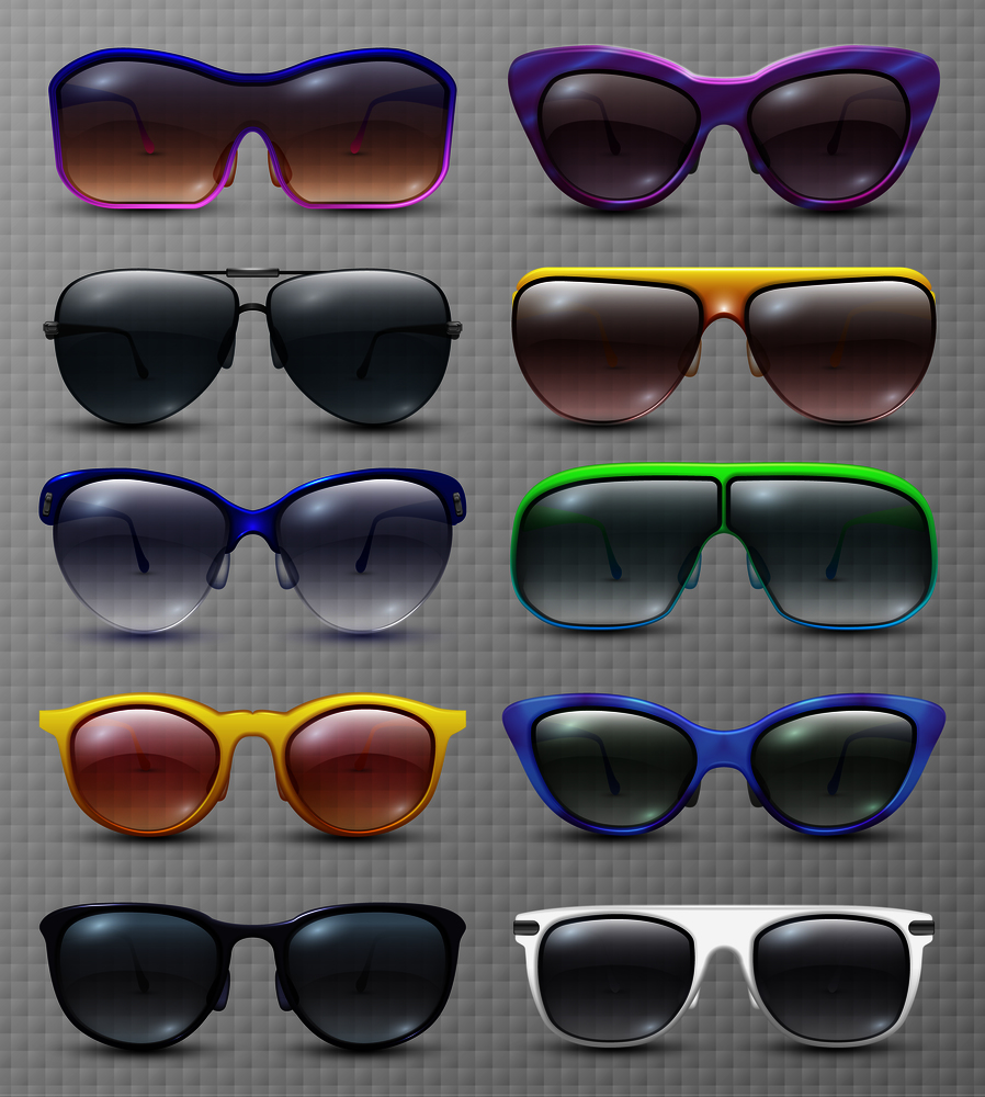 Realistic fashion sunglasses and glasses isolated vector set. Illustration of sunglasses and eyeglasses protection collection. Realistic fashion sunglasses and glasses isolated vector set