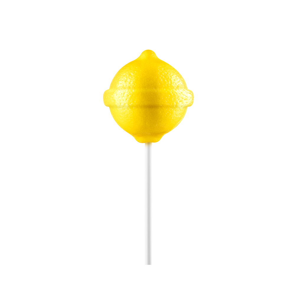 Lollipop lemon isolated on white background. Creative candy idea. Lollipop lemon
