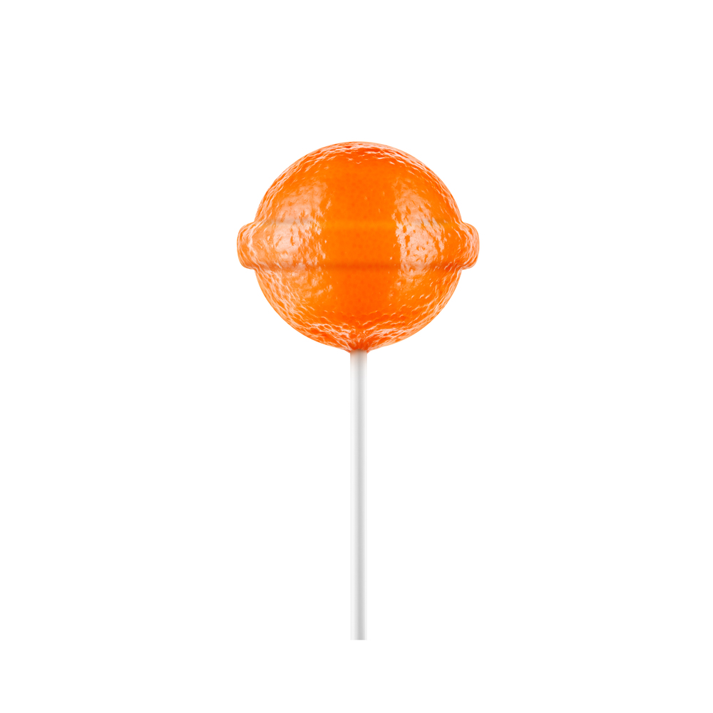 Lollipop mandarin isolated on white background. Creative candy idea. Lollipop mandarin