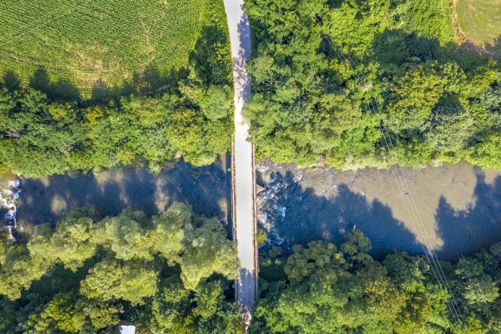Aerial view of the bridge through the river. Top-down