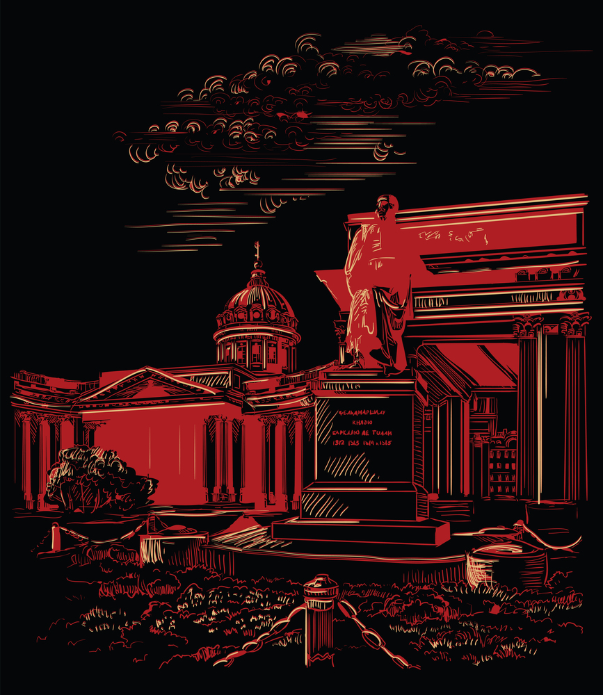 Cityscape of Kazan Cathedral in St. Petersburg, Russia and monument to Barclay de Tolly. Isolated vector hand drawing illustration in red color on black background
