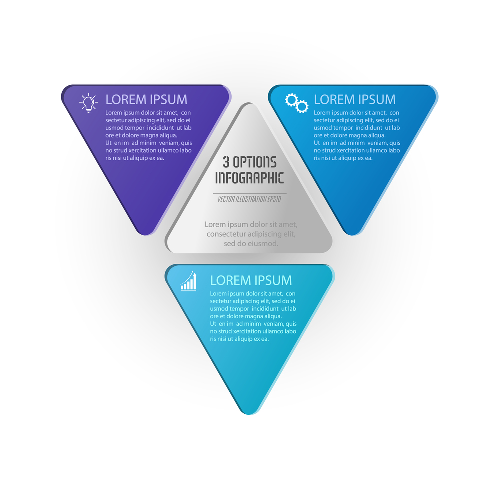 Triangle infographics. The triangle diagram is divided into 3 parts.Business strategy, project development schedule, or training stages. Flat design.
