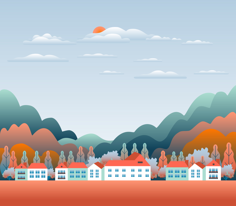 Minimal landscape village, mountains, hills, trees, forest. Rural valley scene. Farm countryside with house, building in flat style design. Red blue pastel gradient colors. Cartoon background vector