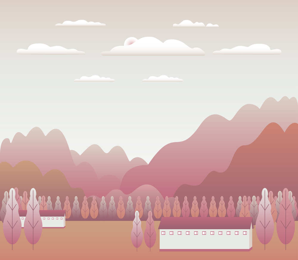 Minimal landscape village, mountains, hills, trees, forest. Rural valley scene. Farm countryside with house, building in flat style design. Pink pastel gradient colors. Cartoon background vector