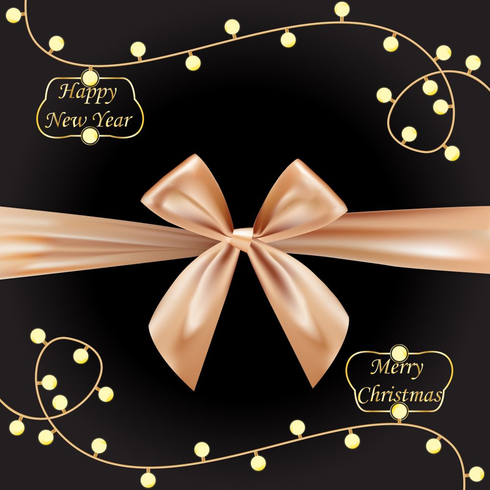 Golden brown realistic bows for gift box on dark background. Silk ribbon, 3d gift bow tie for Christmas, New Year, holidays. Light bulbs. Vector illustration.