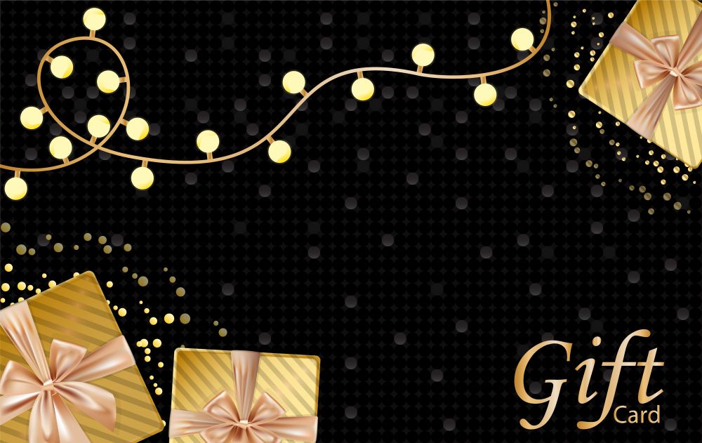 New year and Merry Christmas gift card with velvet gold gift boxes, lamp bulbs, dark gorgeous background with golden bubbles. Place for text. Vector illustration.