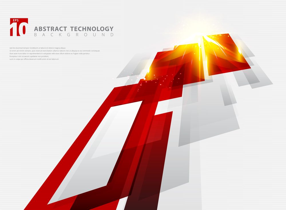 Abstract perspective technology geometric red color shiny motion background and lines texture with lighting burst effect.  for brochure, print, ad, magazine, poster, website, magazine, leaflet, annual report. Vector corporate design