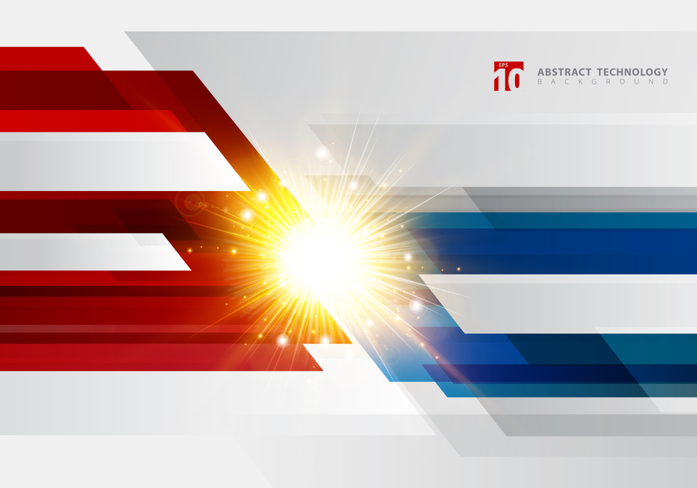 Abstract technology geometric red and blue color shiny motion background with light explosion. Template with header and footer for brochure, print, ad, magazine, poster, website, magazine, leaflet, annual report. Vector corporate design