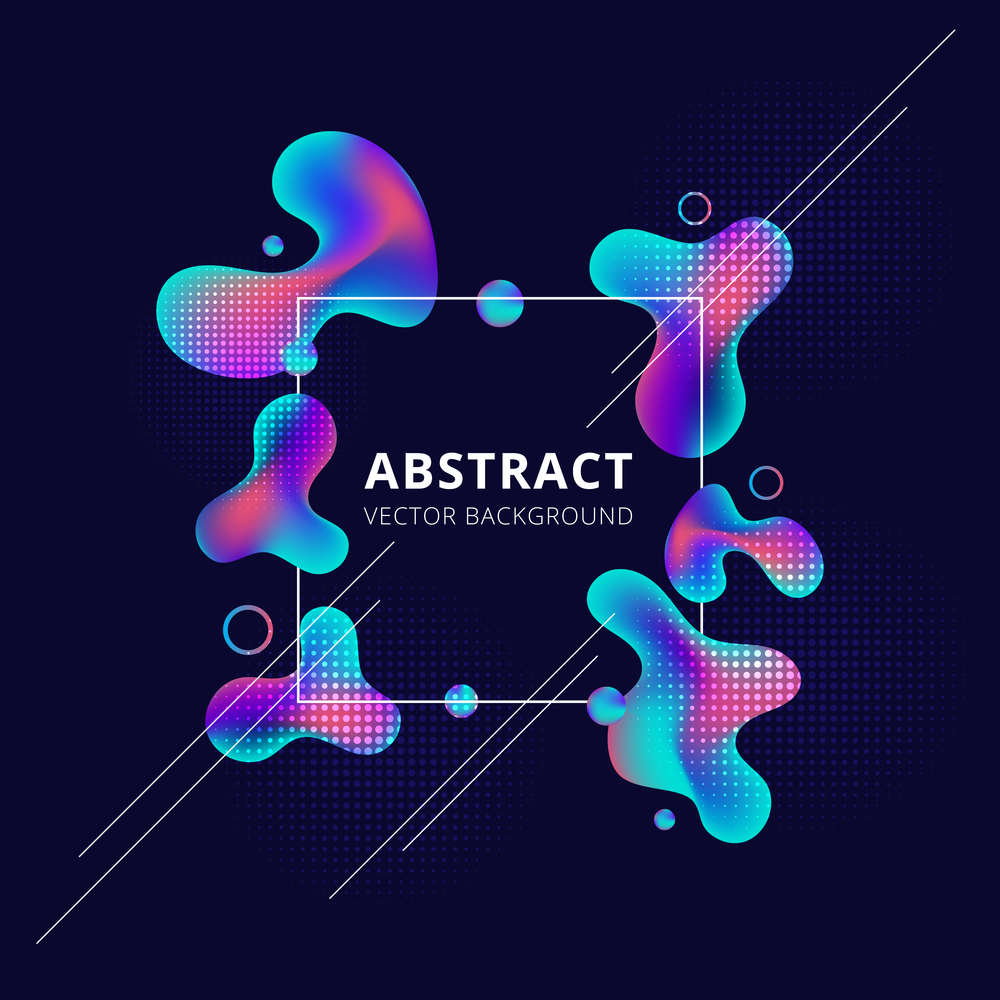 Abstract trendy fluid shape bright gradient colors on dark background. White frame liquid or ink drops design element with Copy Space. Vector Illustration
