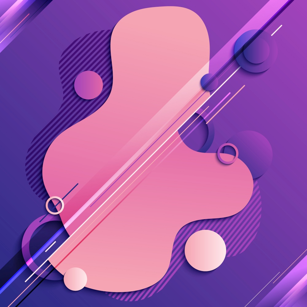 Abstract fluid or liquid pink gradient shape with geometric elements on purple background. Vector illustration