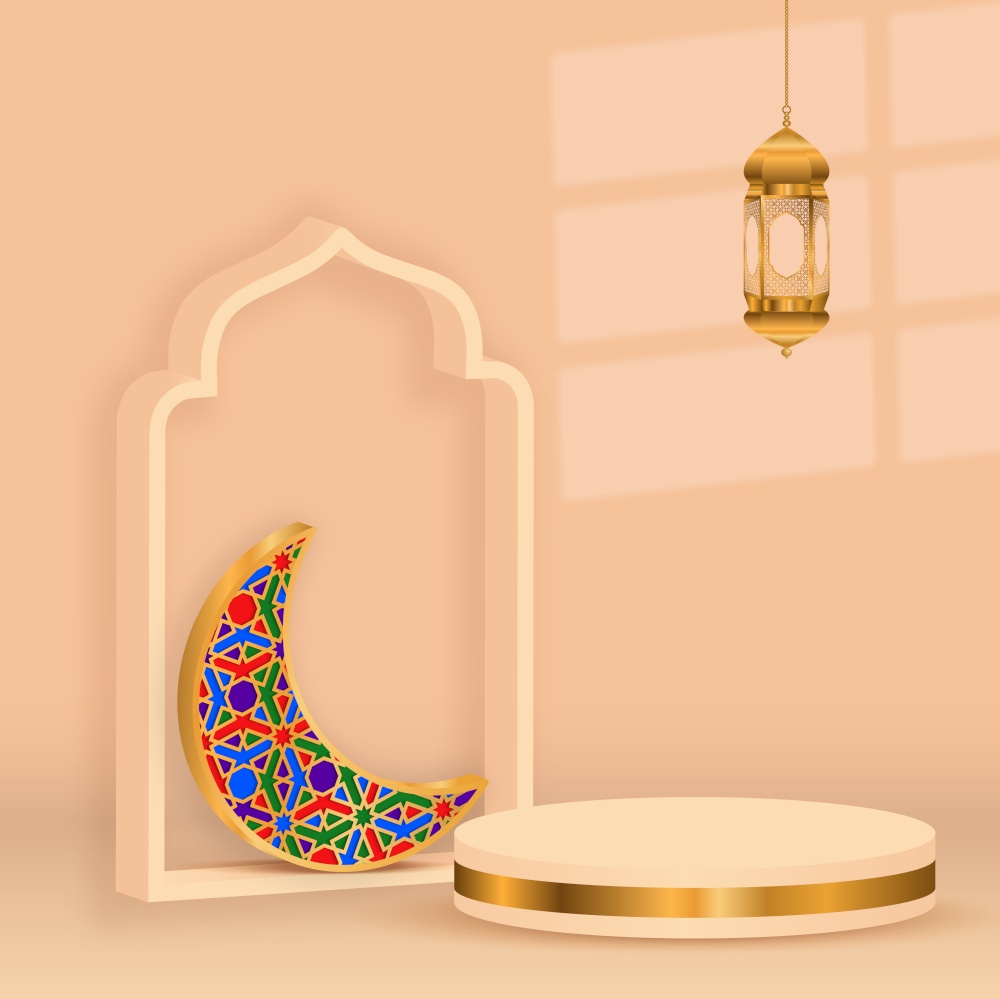 3d ramadan kareem background gold  crescent decoration with golden lamp and podium,illustration EPS10.