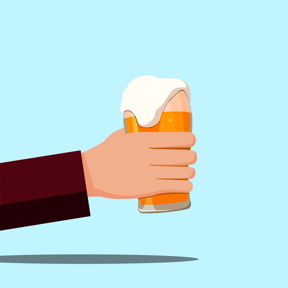 Left hand holding a beer glass and blue background