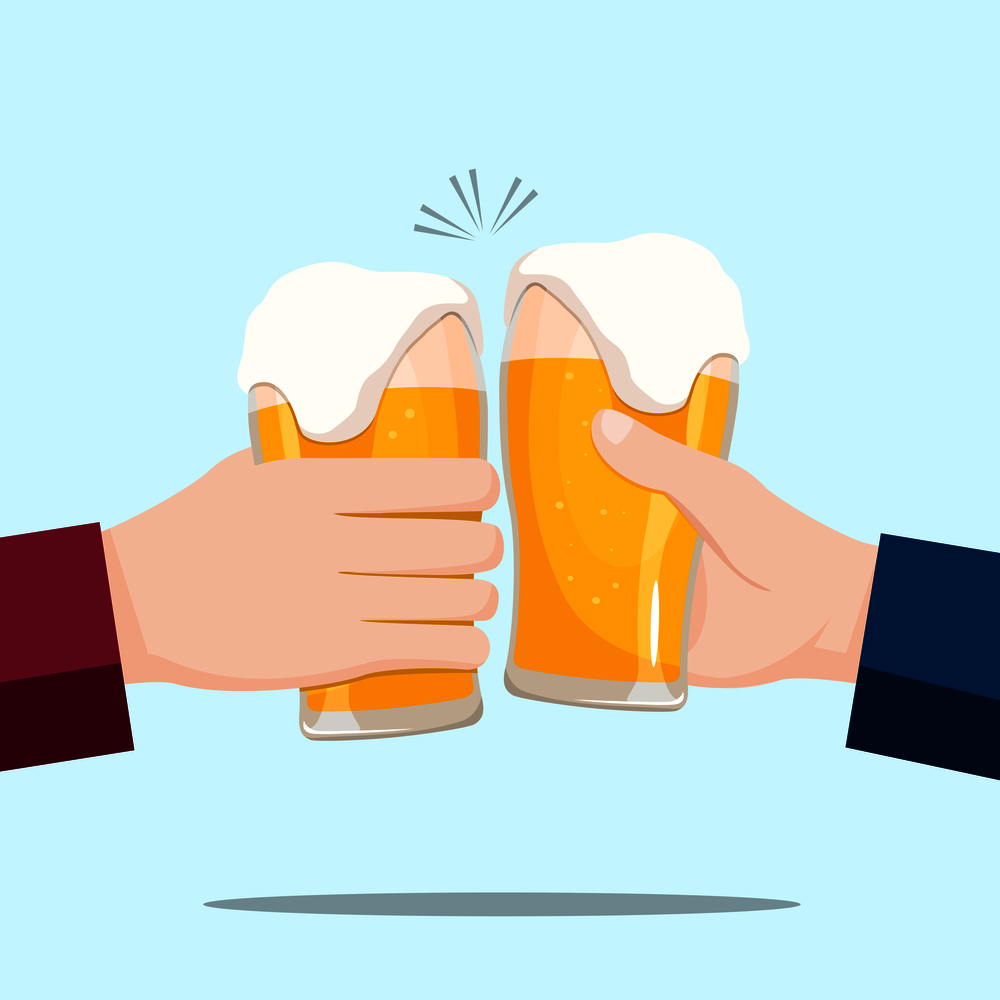 People celebrating with beer glasses and blue background