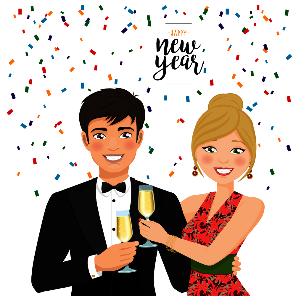 A man and a woman celebrating new year. Vector illustration