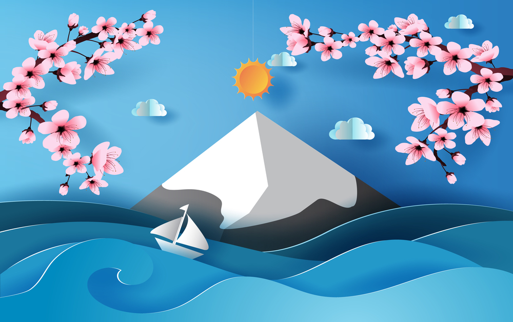3D paper art of illustration Spring season sea view scene with sky and cloud,  Landscape snowy mountain for sakura branch or Floral Cherry blossom pink beautiful spring time,creative paper cut vector.