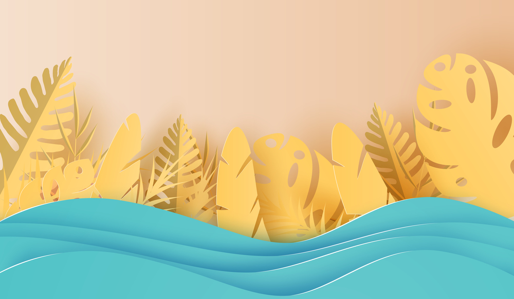 3D Paper art of illustration Summer season Tropical leaf palm decoration on placed text space background, Paper cut origami style on sea beach pastel,Summertime creative idea colorful for card,vector.