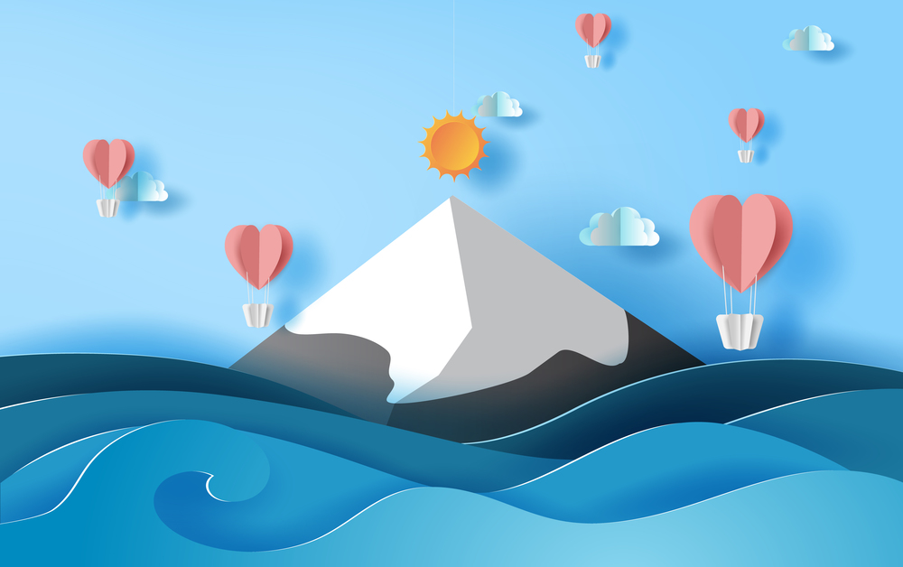 3D paper art of illustration summer season balloons heart floating on sky,  Landscape snowy mountain sea view scene,Creative design Paper cut idea summer time concept,pastel color background vector