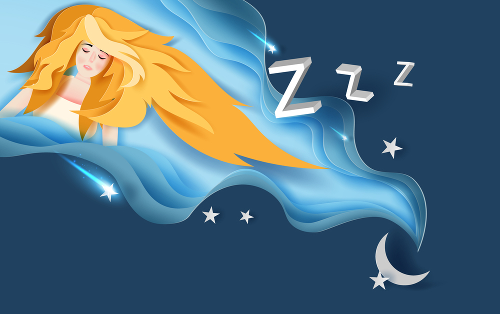 3d paper art of Beautiful girl with long yellow hair wear sweet dream sleeping at night.Paper craft and cut creative design Abstract curve wave blue background.creative design star and moon,vector