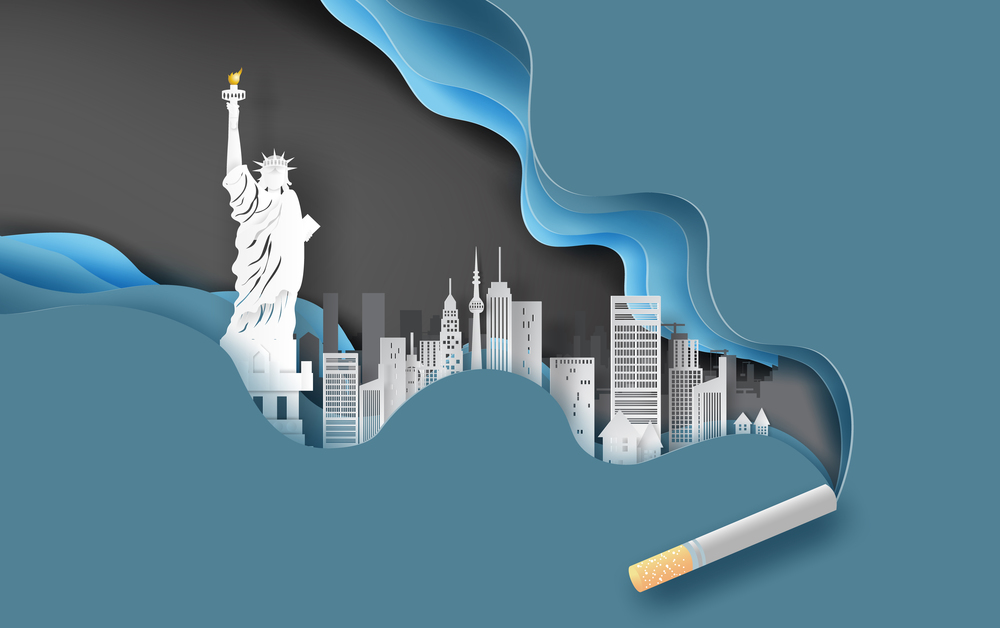 3d paper craft and art of cigarette with cityscape concept.Abstract curve wave blue background,Cityscape in new york usa. Creative design smoking idea pastel color simple.paper cut.illustration.vector