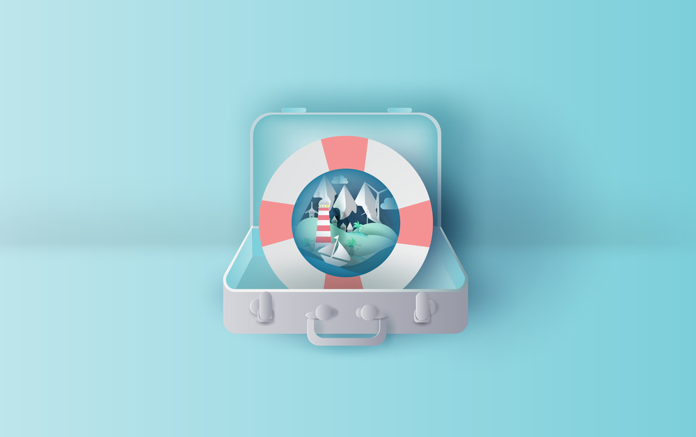 Illustration travel holiday with swim ring in suitcase concept,Graphic design for summer season paper cut and craft style,summertime idea pastel color background,Creative design sea view ocean.Vector
