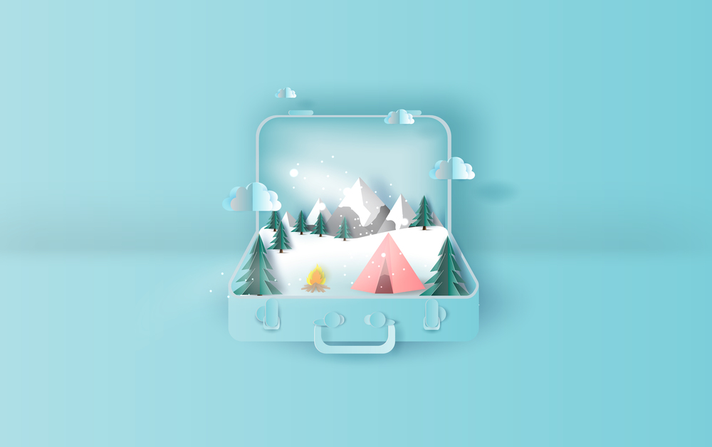illustration of Travel holiday tent camping trip winter suitcase concept.Graphic for snowfall  winter season paper cut and craft style.Creative design idea for christmas pastel background. vector.