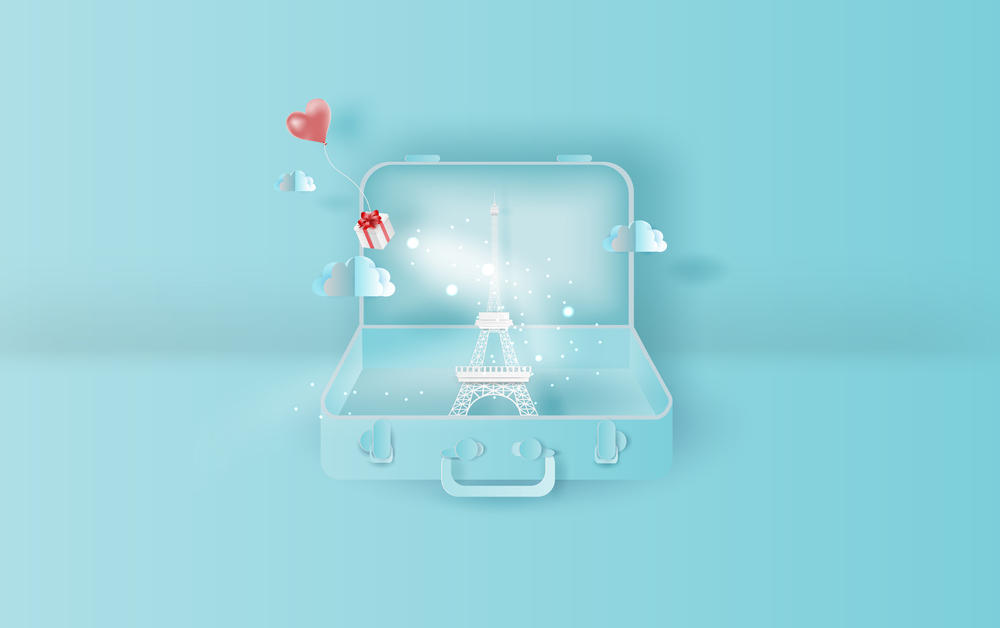 illustration of Traveling holiday time Eiffel tower Paris city,Website Travel landmarks city pastel color suitcase concept your text space background,Paper cut and craft idea design vacation.vector.