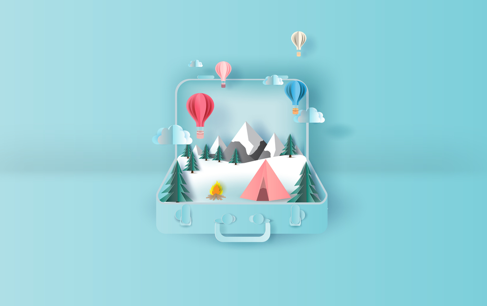 illustration of balloons floating Travel holiday tent camping trip winter suitcase concept.Graphic for snowfall  winter season paper cut and craft style.Creative design idea for Christmas day. vector.