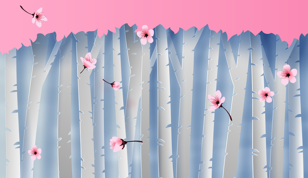 illustration of forest view scene Colorful blooming cherry tree.graphic for sakura flowers place for your text background. Spring or autumn season with cherry blossoms.paper cut and craft.Vector
