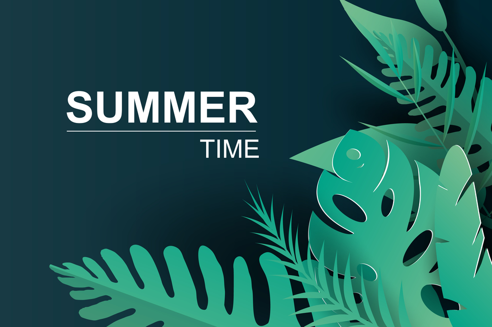 illustration of trends Summer Tropical palm leaves and plants.Digital Paper cut and craft Origami Hawaiian style summertime space for text. Graphic dark green summer season floral background.vector