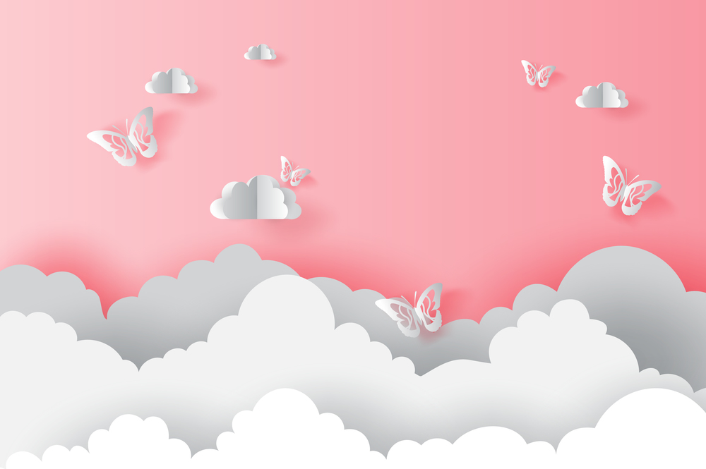 illustration Paper art cloud with butterflies on pink valentine concept.Butterfly flying in the sky.Creative design paper cut and craft style Origami  cloudy and sky for landscape.pastel color.vector