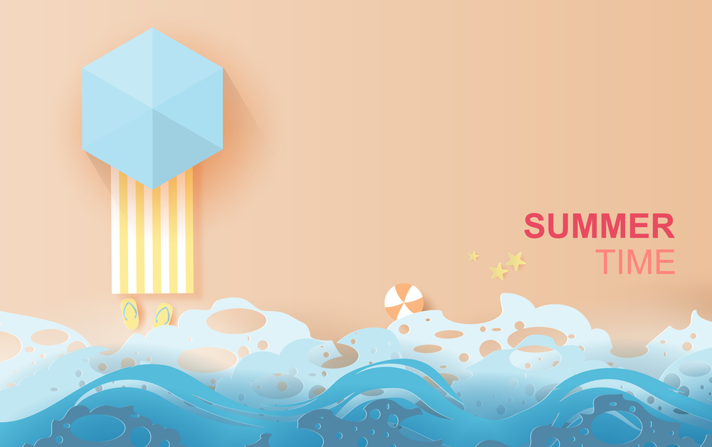 illustration of top view  travel summer season on the beach.Decoration swimming equipment. Seaside with landscape pastel color tone background,Paper cut and craft style vector. Origami paper art.EPS10
