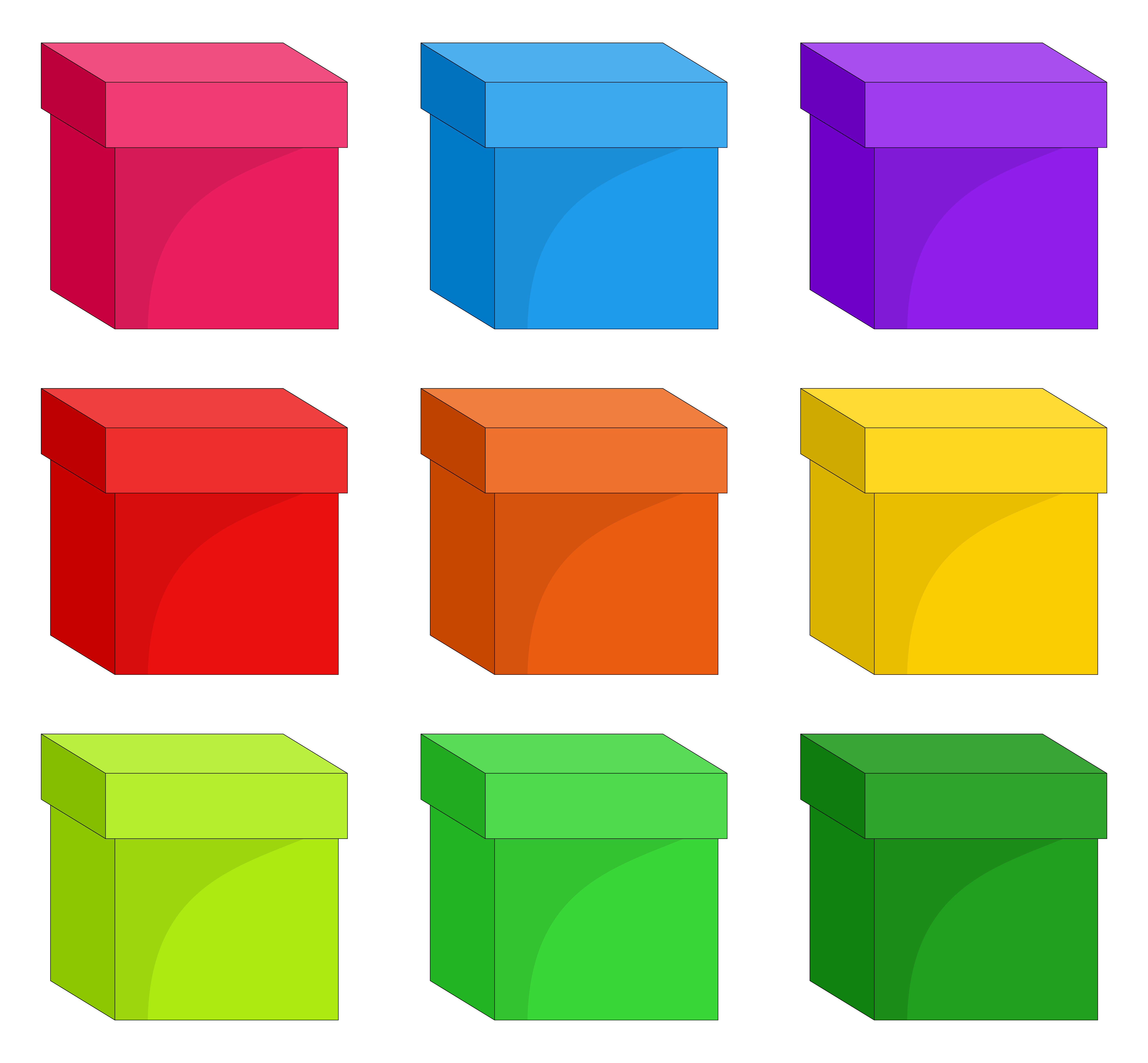 Boxes set. Collection of colorful closed warehouse cardboard box. Color image of package. Vector illustration of paper cubes isolated on white. Empty packaging cube design.