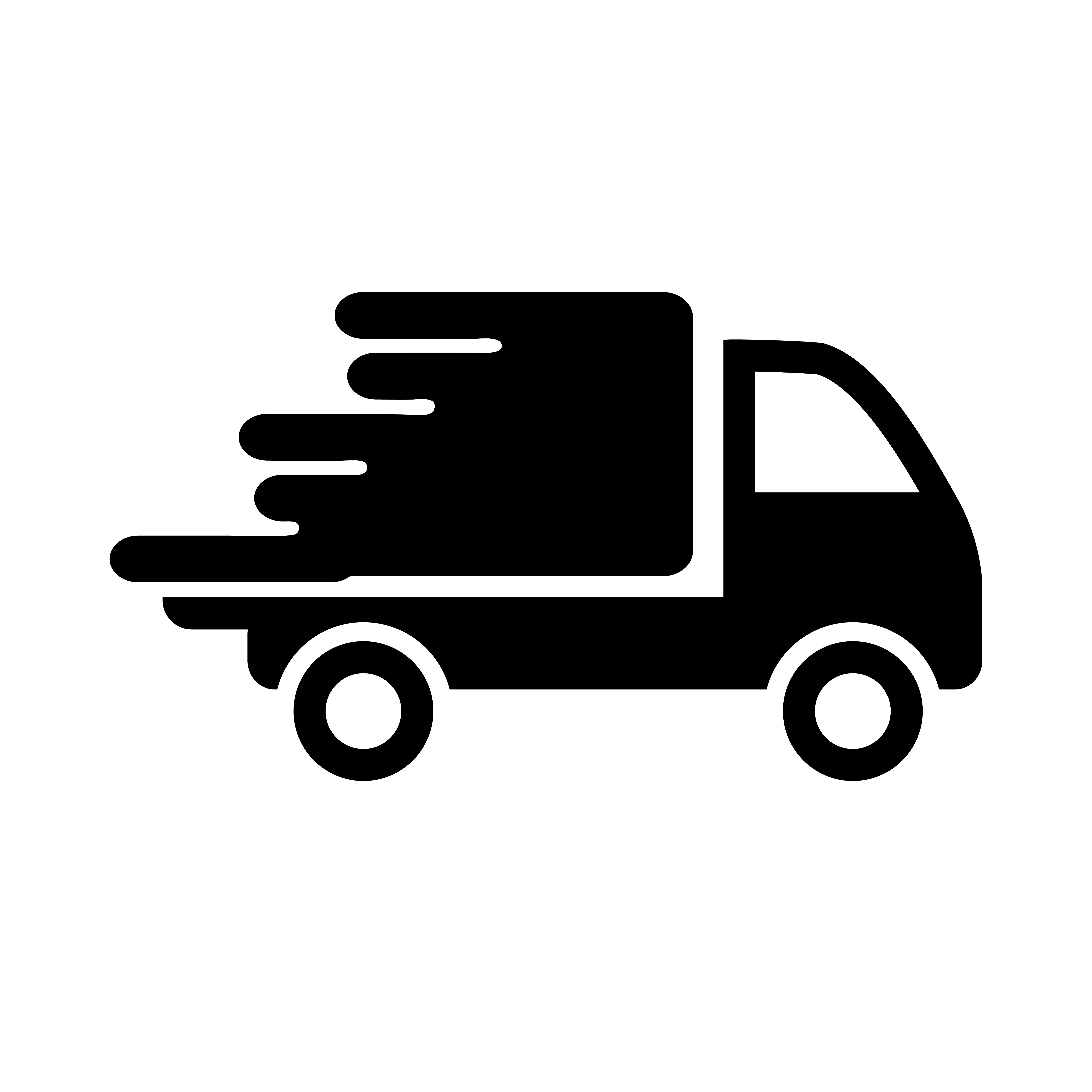 Delivery truck symbol. Vector concept of fast shipping service.Silhouette icon of transport van or package courier. Illustration of speed moving lorry sign isolated on white background.