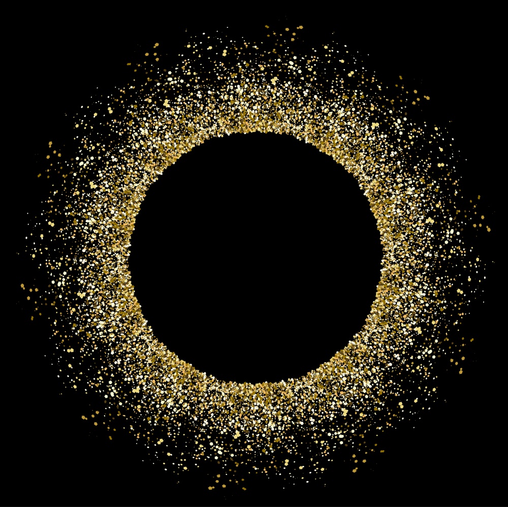 Glitter round frame with copy space. Gold blank ring border. Christmas confetti empty circle. Glittering golden magic backdrop with dust and sparks. Holiday vector background template.