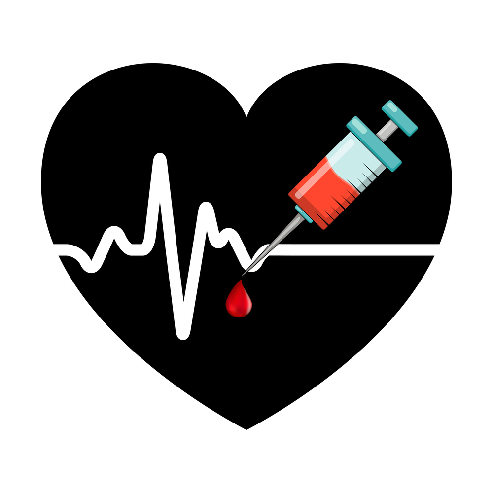 Heartbeat and vaccine with blood drop. black heart shape with syringe in it. Vector icon isolated on white background. Concept of vaccination or blood donation.