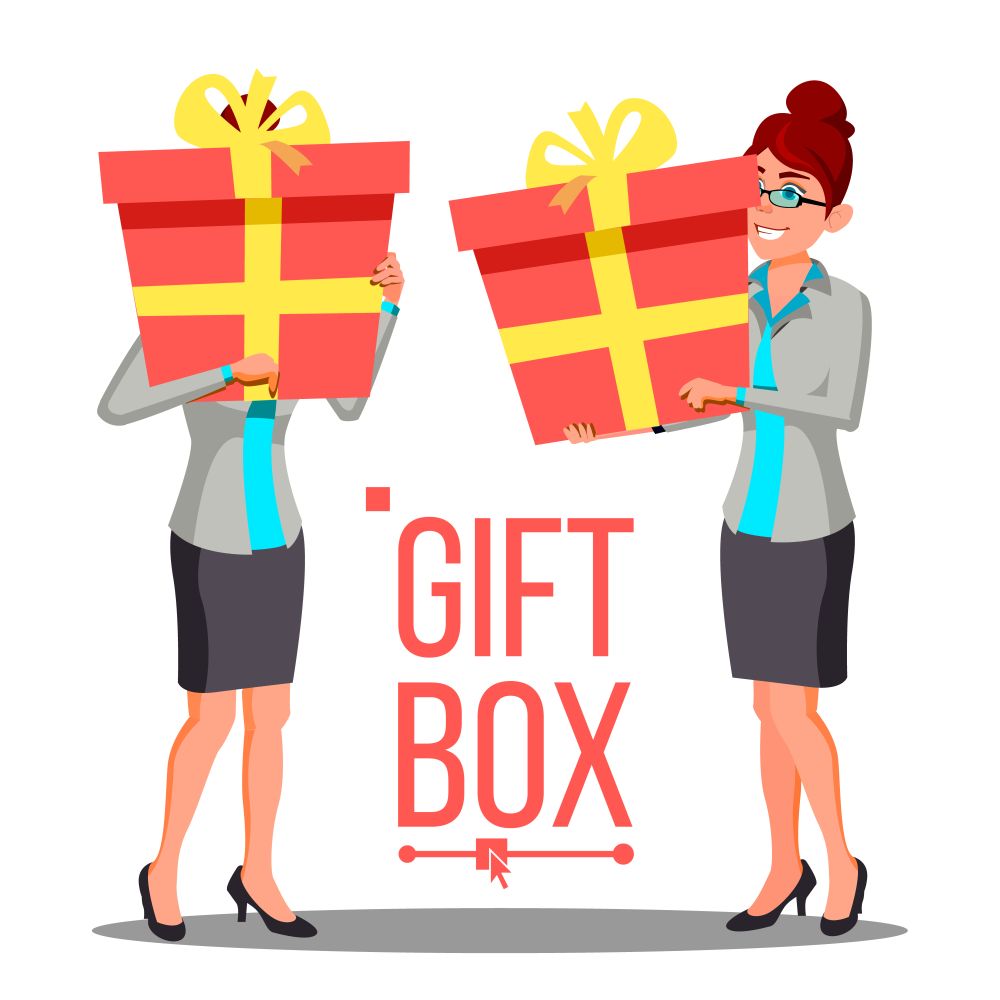 Business Woman Holding Red Gift Box Vetor. Holidays Present Concept. Illustration. Business Woman Holding Red Gift Box Vetor. Holidays Present Concept. Isolated Illustration