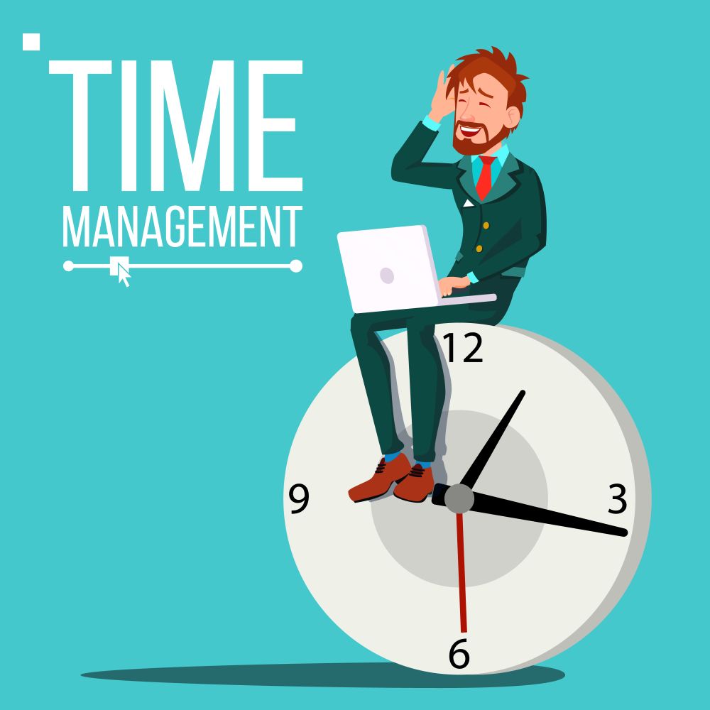 Time Management Man Vector. Organization Of Work Process. Free Time. Business Illustration. Time Management Man Vector. Huge Clock, Watch. Control. Procrastination. Business Illustration