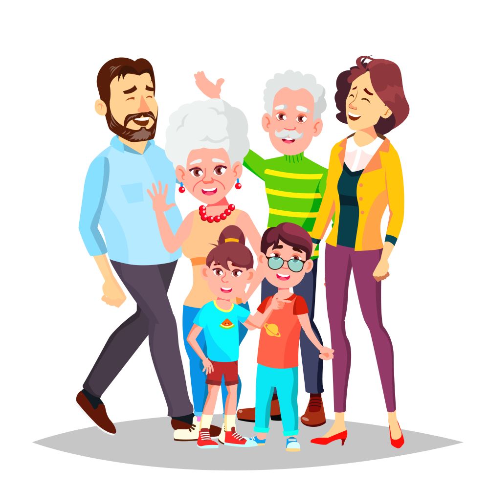 Family Portrait Vector. Big Happy Family. Traditional. Parents, Grandparents, Children. Colorful Design Isolated Cartoon Illustration. Family Vector. Full Family. Portrait. Dad, Mother, Kids, Grandparents. Poster, Advertising Template. Isolated Cartoon Illustration