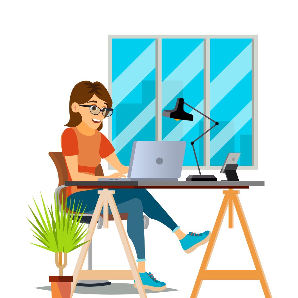 Business Woman Character Vector. Environment Process. Lady In Various Poses. Creative Studio. Cartoon Illustration
