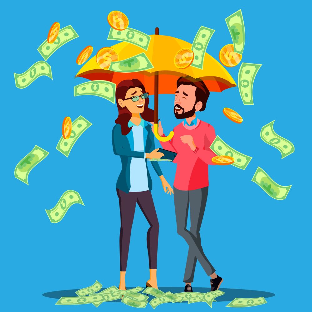 Financial Success, Business Man And Woman Stands Under Umbrella Under Falling Money Vector. Illustration. Financial Success, Business Man And Woman Stands Under Umbrella Under Falling Money Vector. Isolated Illustration