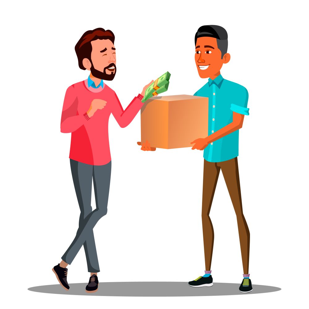 Money Goods Relationship, Man Giving Money To Man With A Product Vector. Illustration. Money Goods Relationship, Man Giving Money To Man With A Product Vector. Isolated Illustration