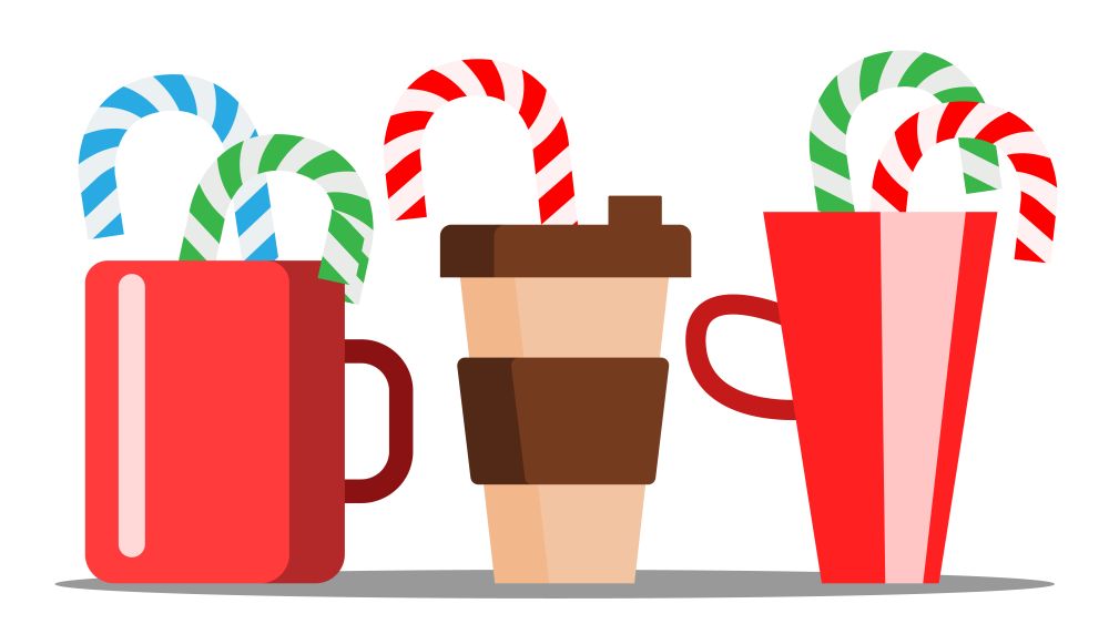 Cup Of Hot Coffee With Christmas Candy Sticking Out Vector. Isolated Illustration. Cup Of Hot Coffee With Christmas Candy Sticking Out Vector. Illustration